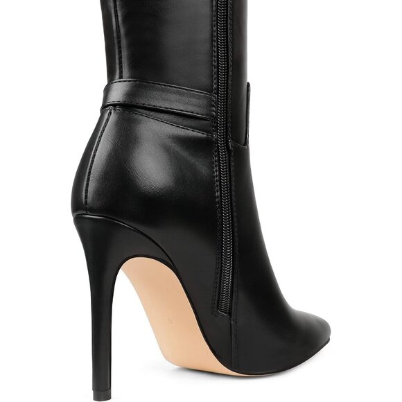 Women's Black Matte Stiletto Slouch Knee High Dress Boots Pointed Toe Buckle - Picture 6 of 7